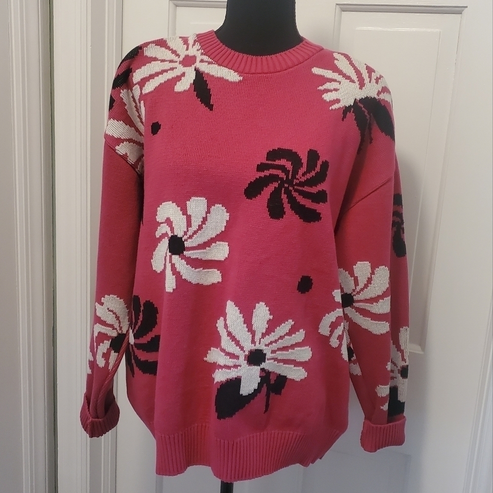 For DAYS PINK Floral Print Oversized Sweater 100% Organic Cotton Size Medium